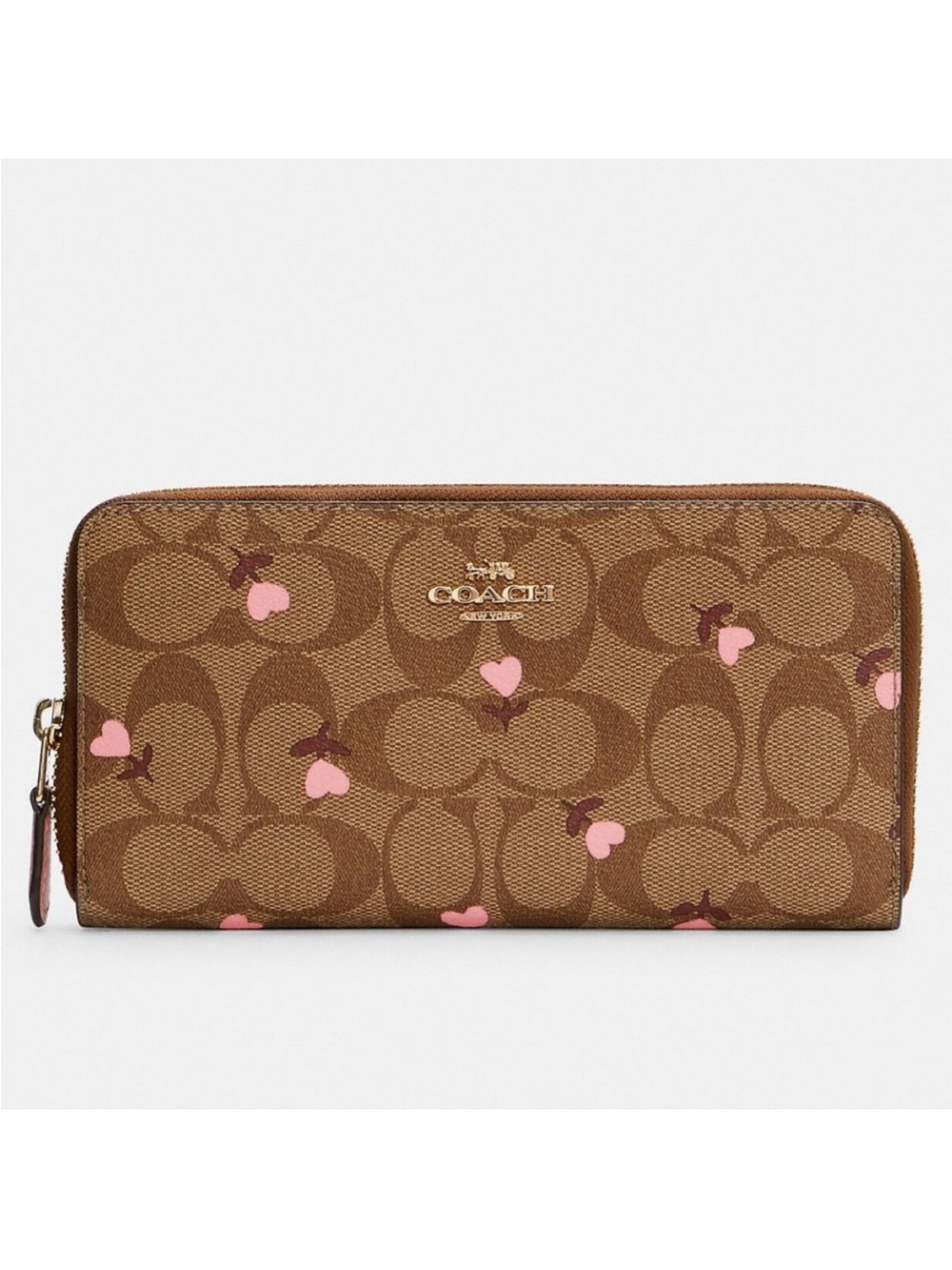 COACH Accordion Zip Wallet Signature Canvas With Heart Floral Print